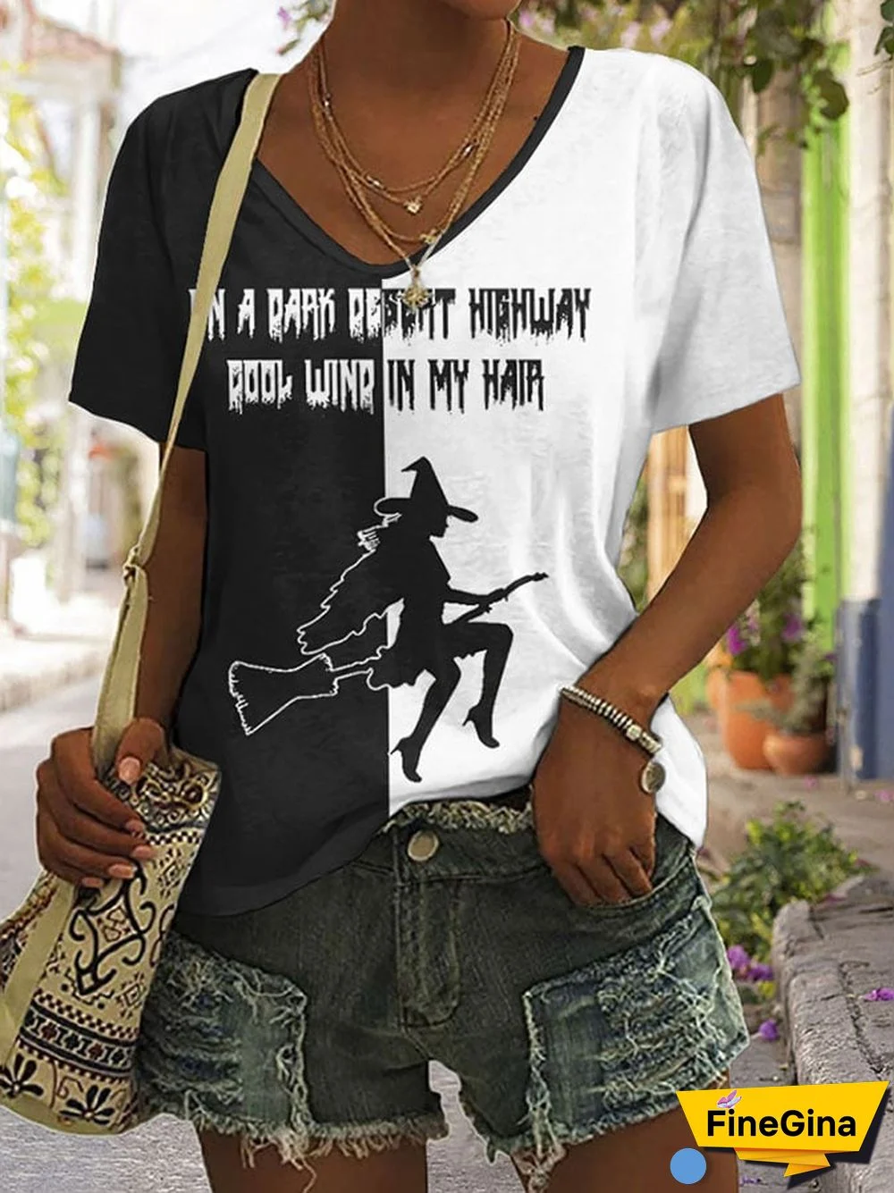 Women's Casual On A Dark Desert Highway Cool Wind In My Hair Witch Printed Short Sleeve T-Shirt