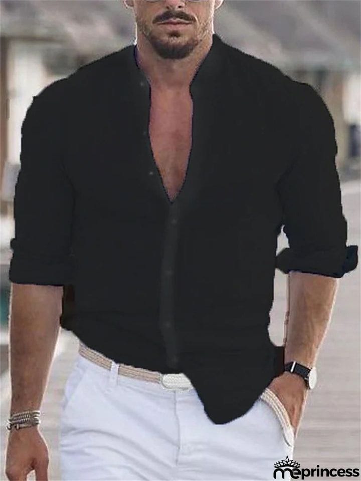 Casual Men's Stand Collar Long Sleeve Button Shirts