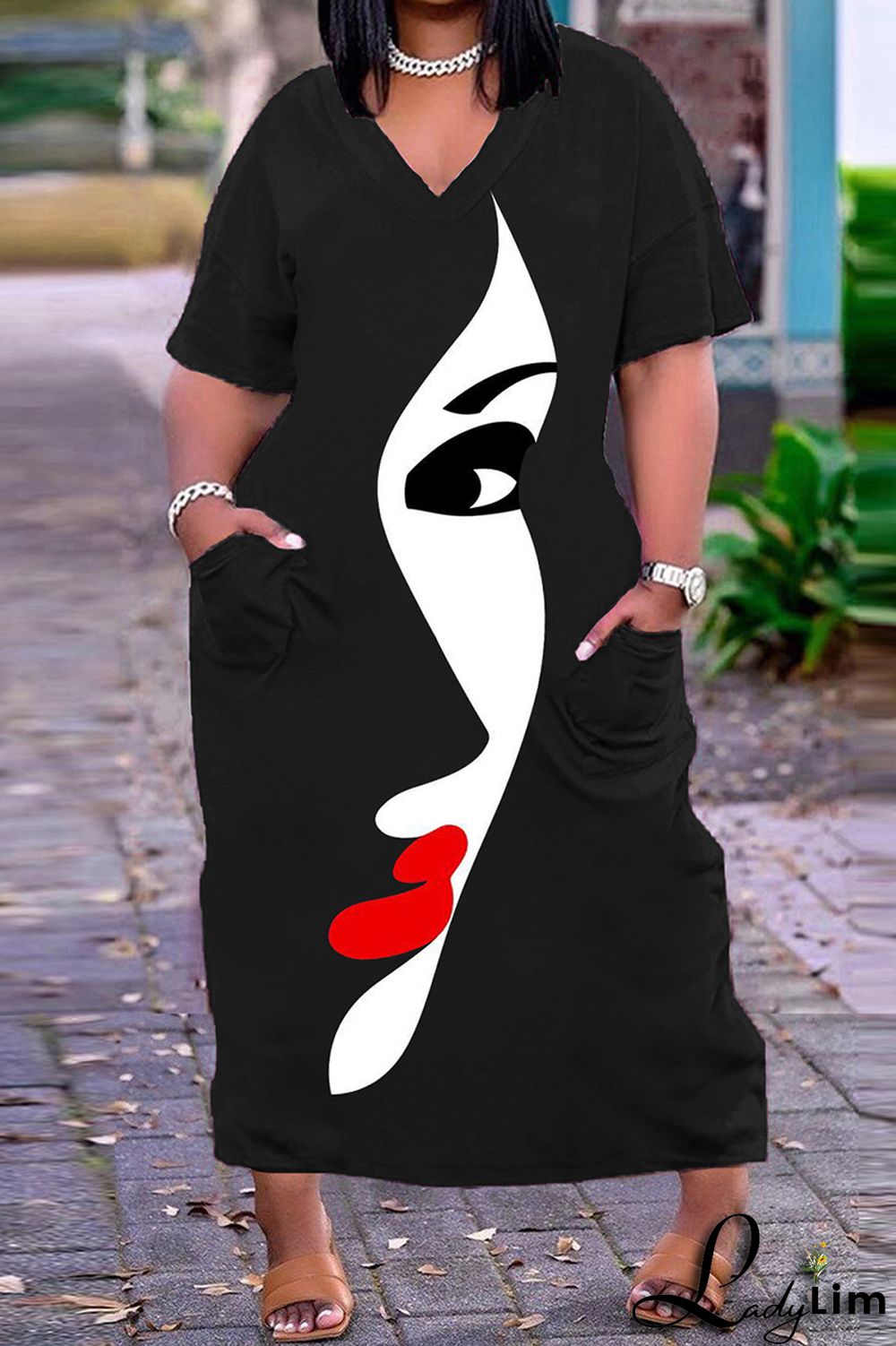 Orange Fashion Casual Print Patchwork V Neck Short Sleeve Dress