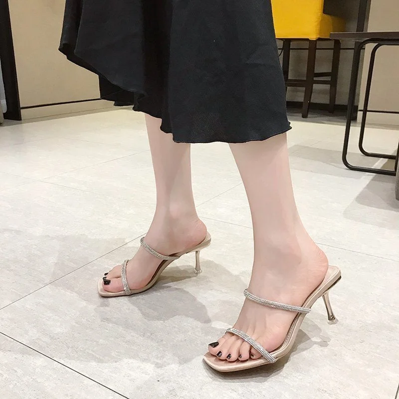Comemore High Heels With Rhinestones Slipper Women Summer Party Shoes Woman Stilettos Fashion Elegant Women's Slippers Sandals