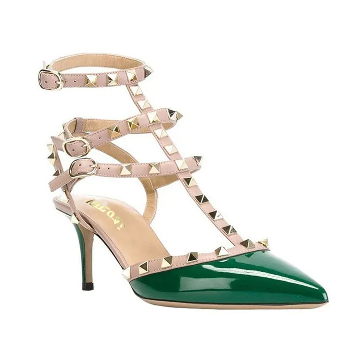 65mm Women's Low Heels Rivets Green Sandals-vocosishoes