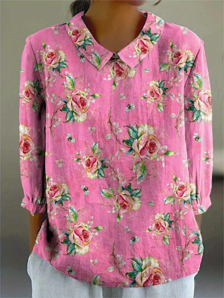 Women's Lightweight Breathable Summer Shirt - Retro Rose Print Loose Collar Blouse, Wrinkle-Resistant Machine-Washable Fabric, Three-Quarter Sleeve Casual Top For Daily Wear & Travel, Cute Shirts For Summer, Highquality Fabric