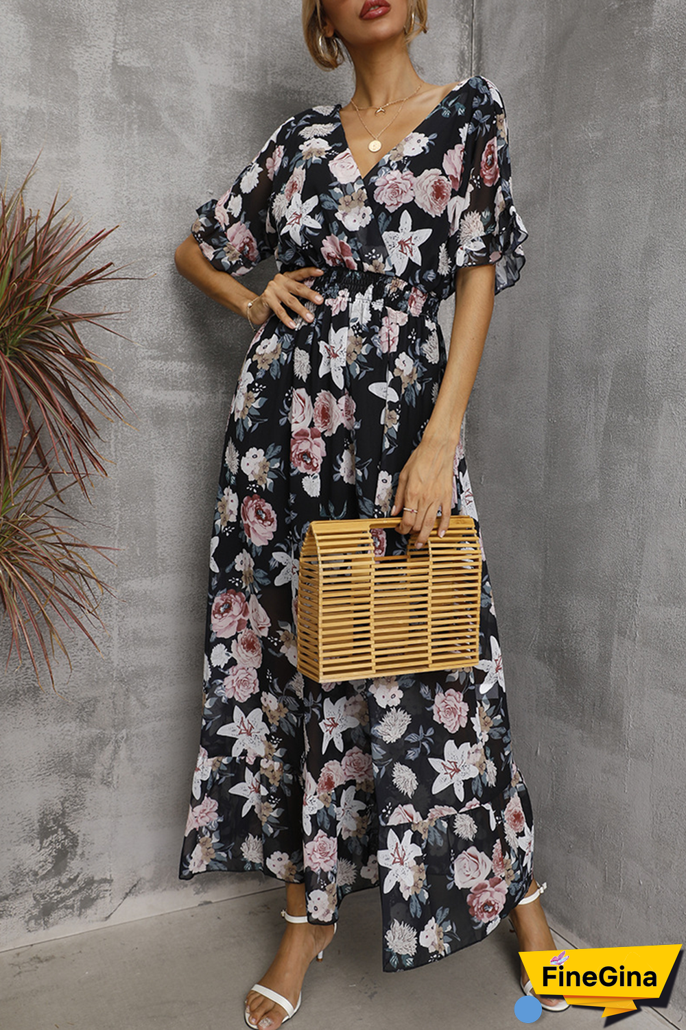 Elegant Floral Split Joint Flounce V Neck Waist Skirt Dresses(4 Colors)