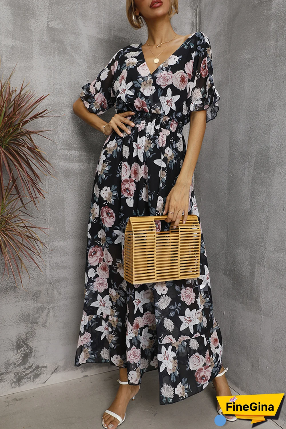 Elegant Floral Split Joint Flounce V Neck Waist Skirt Dresses(4 Colors)