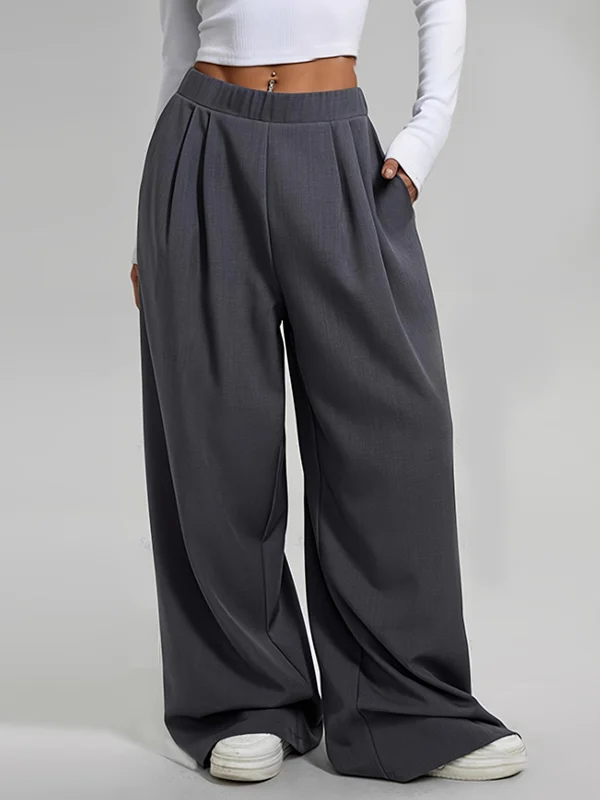 Pleated Pockets Solid Color High Waisted Loose Trousers Pants