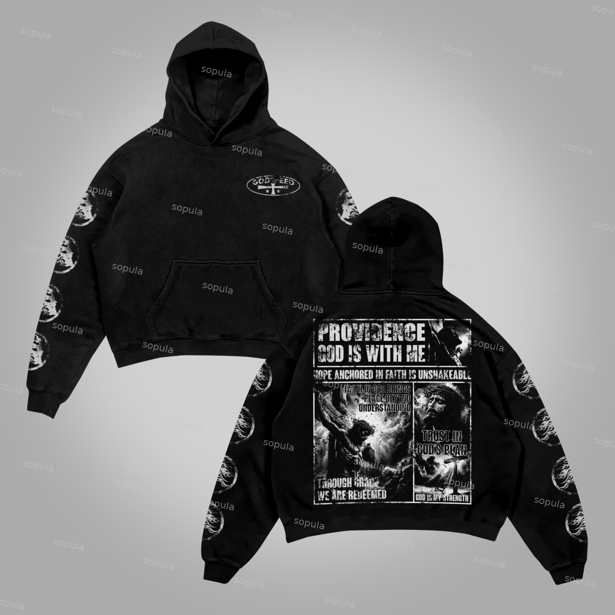Sopula God Is With Me. Retro Vintage Printed Graphics Cotton Pocket Hoodie