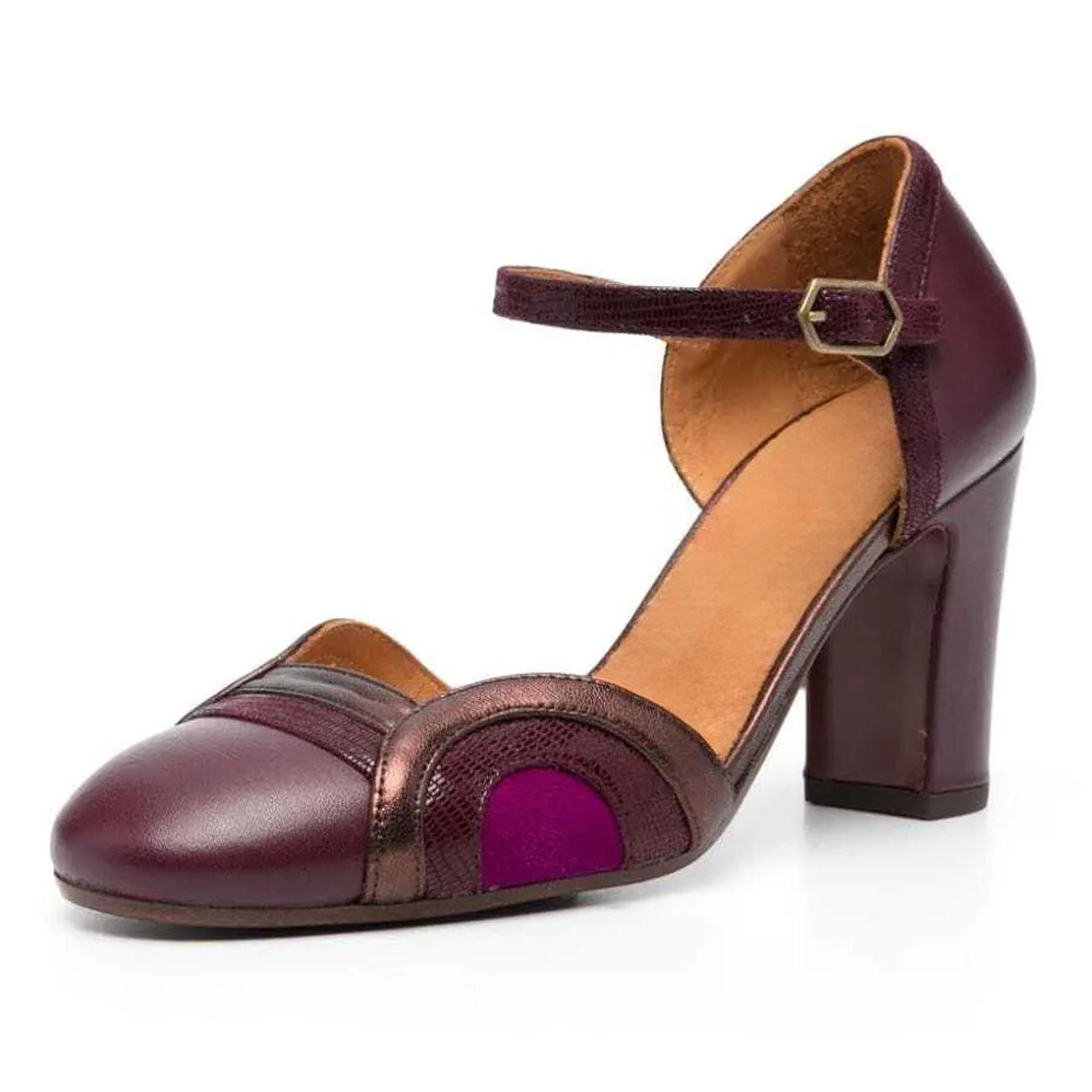 Patchwork Round Toe Chunky Heel Buckle Ankle Strap Pumps for Women Nicepairs