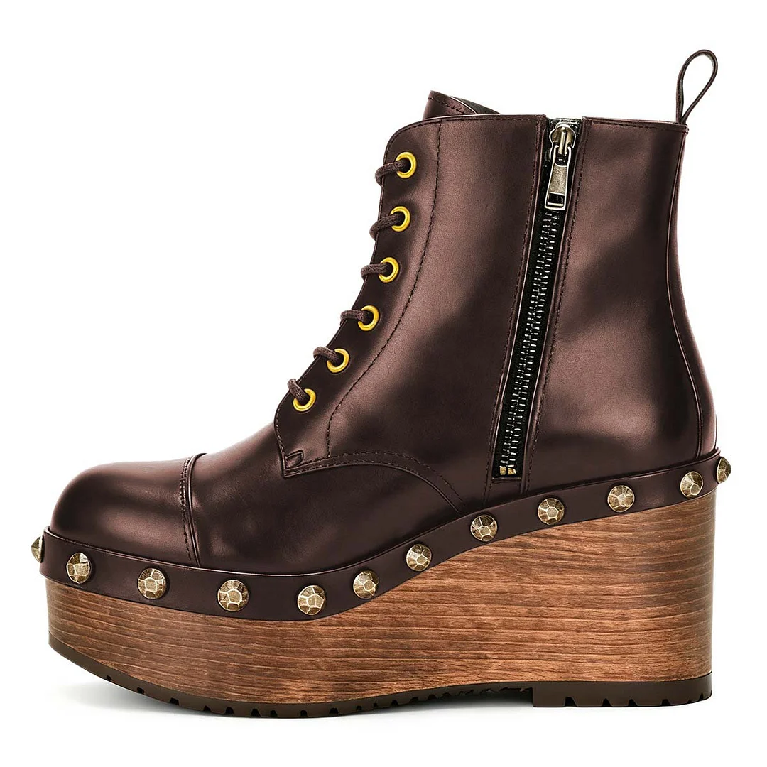 Chic Brown Platform Lace Up Zipper Wedge Heel Booties with Studded