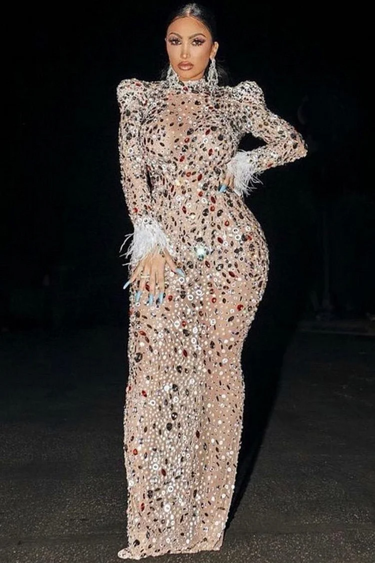 Colorful Rhinestone Mesh Feather Cuff Elasticity Maxi Dress-Apricot