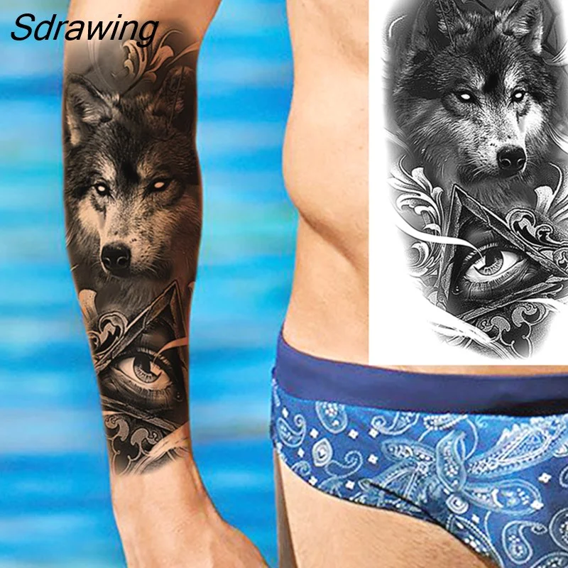 Sdrawing Warrior Punk Skeleton Gangster Rose Flower Temporary Tattoos For Women Men Lion Tiger Skull Rose Fake Tattoo Sexy Arm