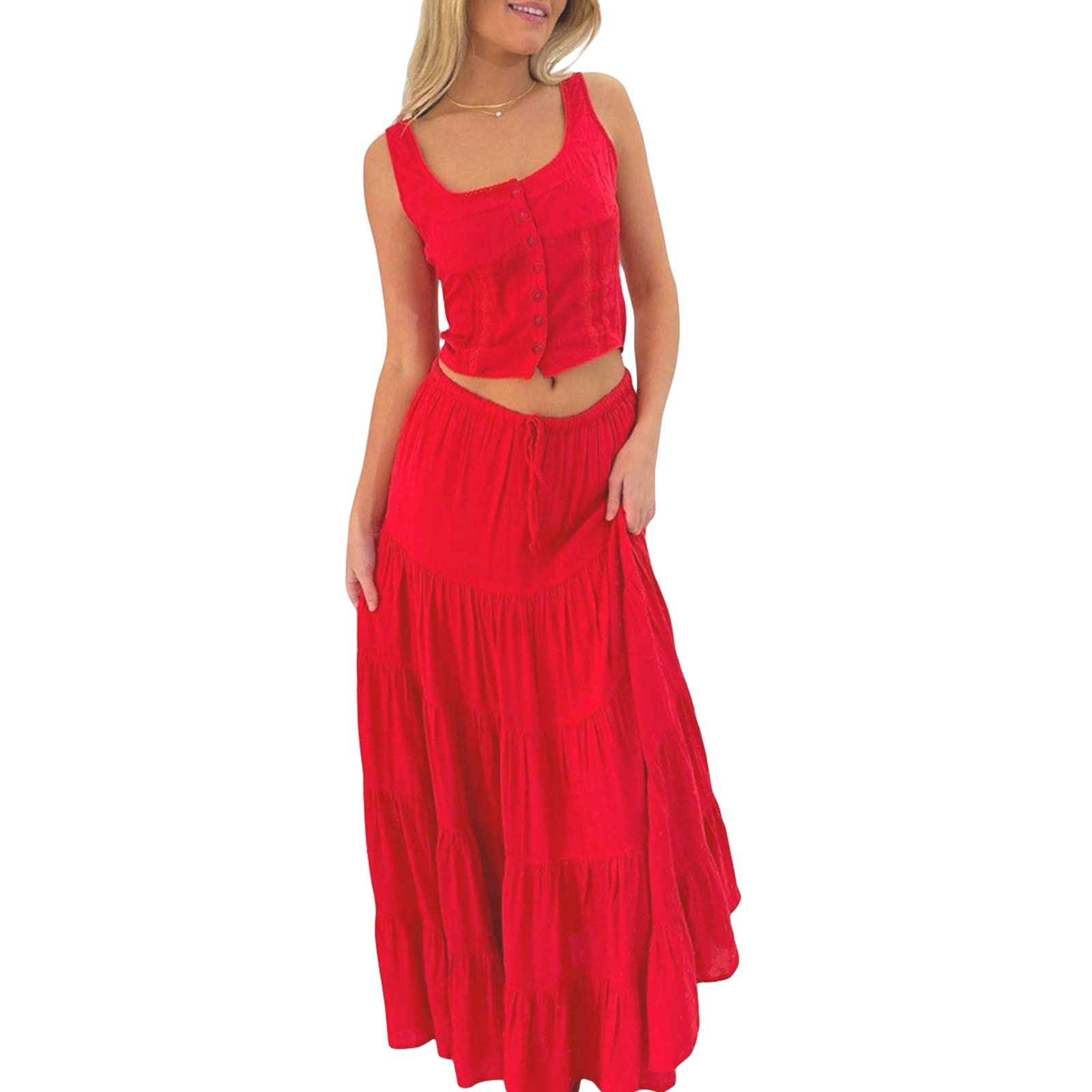 Iplaynox Women's Summer Outfits Solid Color Scoop Neck Tank Tops with Tiered A-line Skirt Set Party Clothes