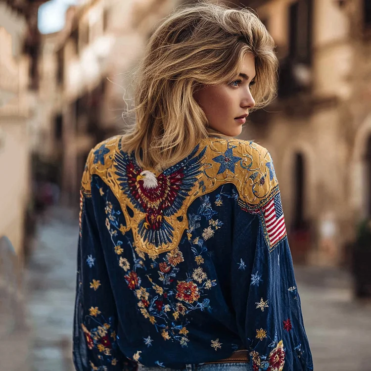 Women's Vintage Floral And Bald Eagle Embroidered V-neck Shirt