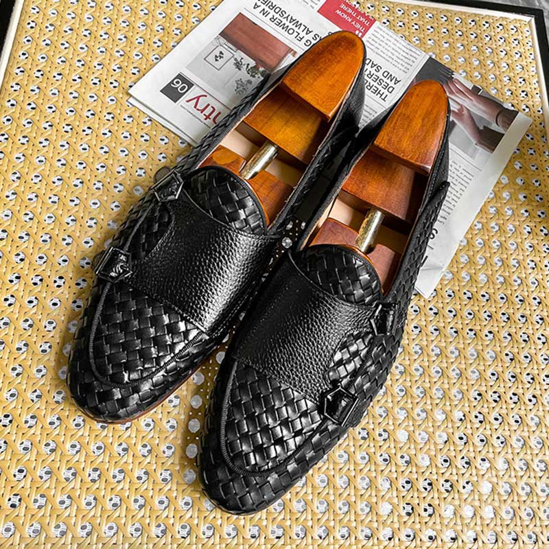 Italian style Mens Black Woven Leather Monk Strap Loafers