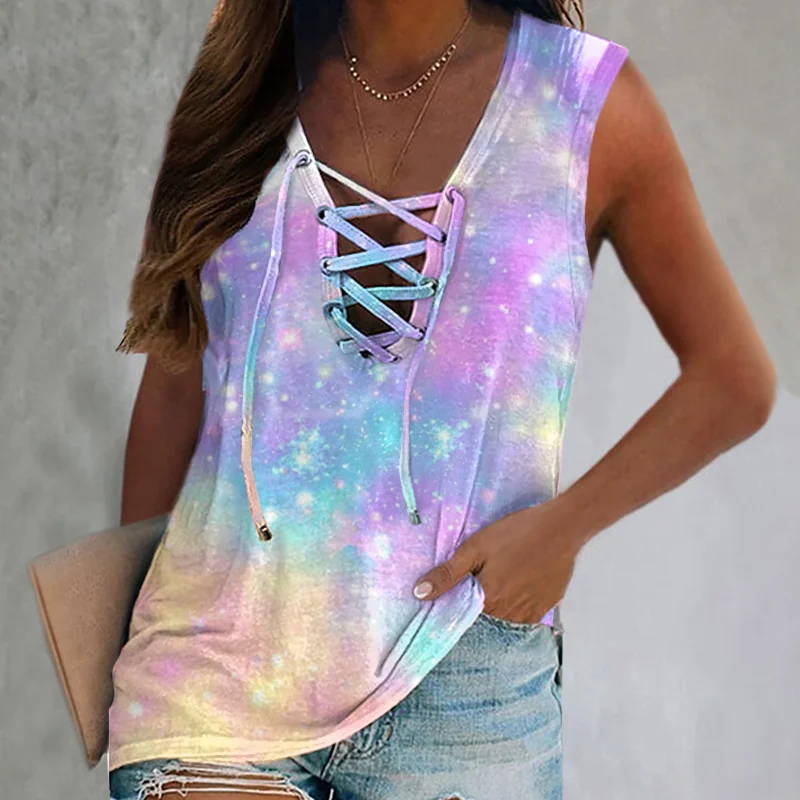 Shiny Lace-up Tie Dye Sleeveless Vest