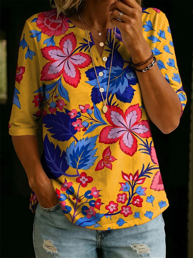 Women&rsquo;s Floral Pattern Art Casual Classic Henley Collar 100% Cotton T-shirt