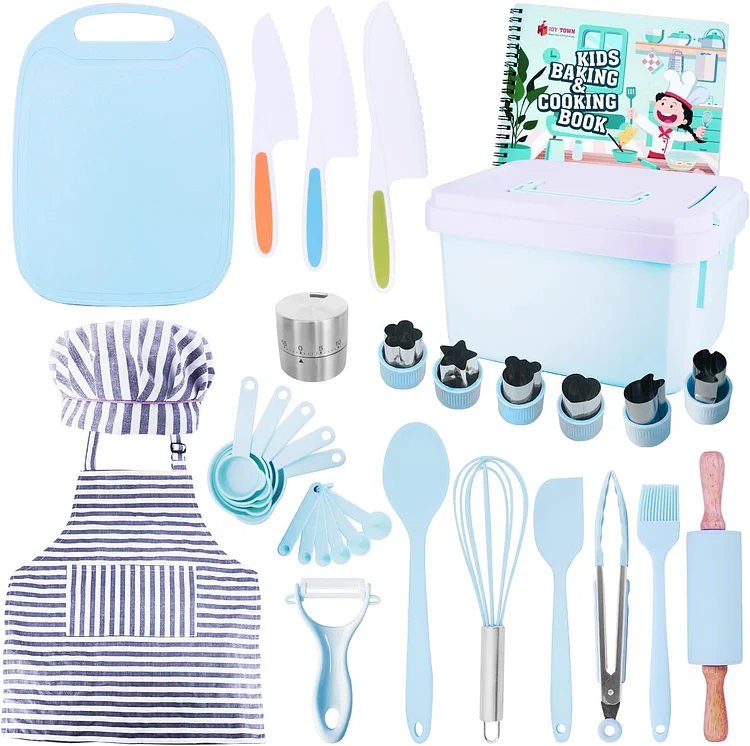 JoyTown - Juego de cocina y horneado para niños con estuche de almacenamiento, suministros de cocina reales con libro de cocina, kit de hornear para niños y niñas - Accesorios completos con delantal y sombrero de chef