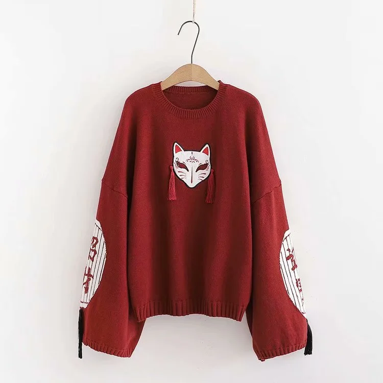 Fox Embroidery Tassels Sweater - Gotamochi Kawaii Shop, Kawaii Clothes