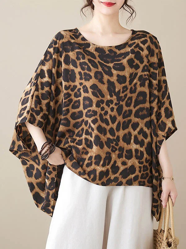Batwing Sleeves Loose Leopard Round-Neck T-Shirts Tops