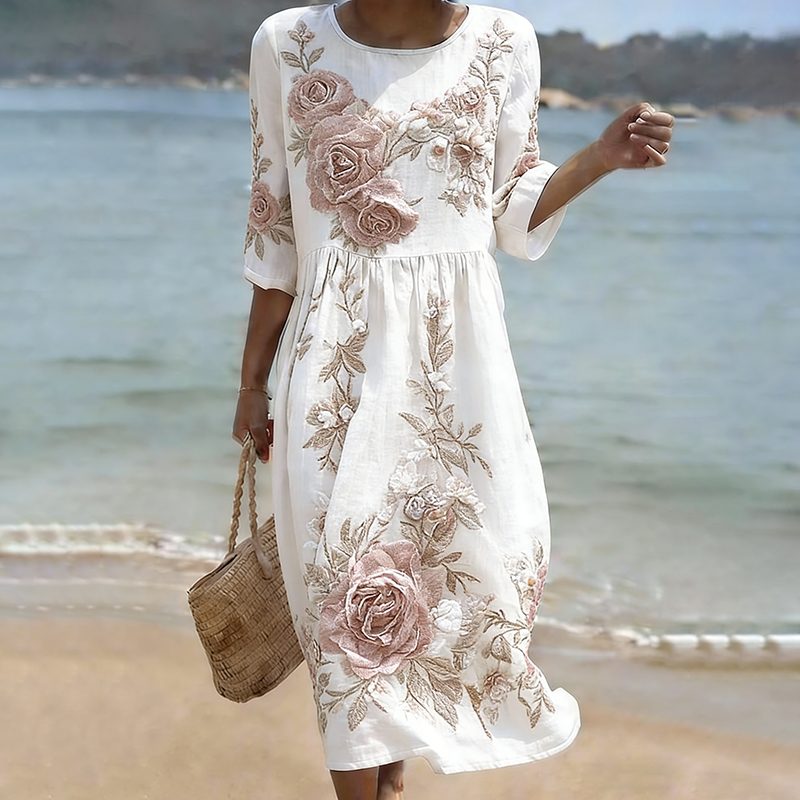 Women's Floral Art Print Pattern Linen Blend Loose Three-quarter Sleeve Dress wearshes