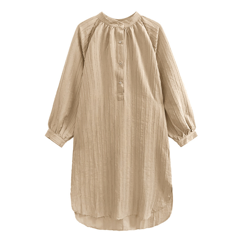 Asymmetric Striped Stand Collar Long Sleeve Midi Dress