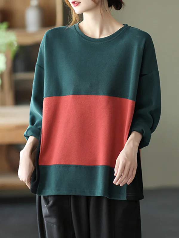 Vintage Contrast Color Split-Joint Round-Neck Batwing Sleeve T-Shirt Tops