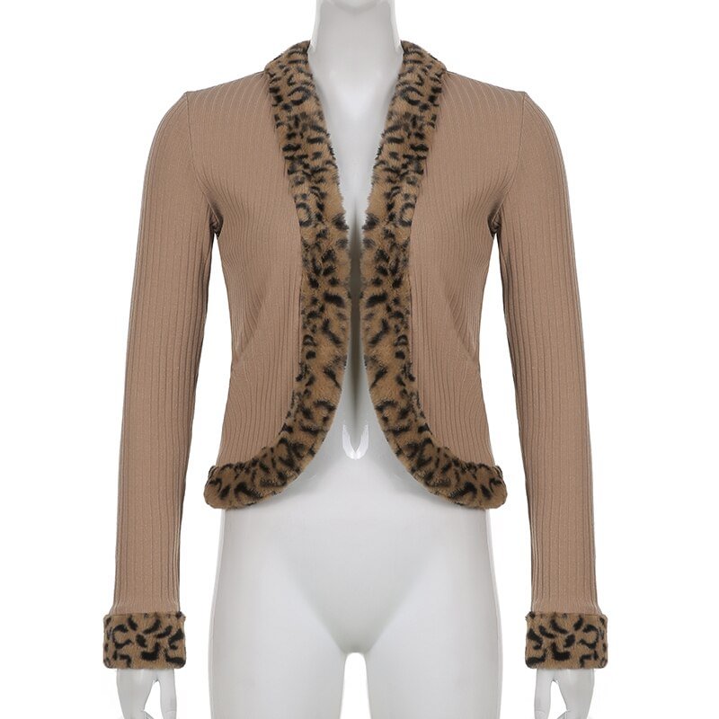 Sweetown Retro Green Y2K Cardigan Shirts Women Leopard Fur Trim Cute Kawaii Clothes Vintage Fairycore Long Sleeve Autumn Tops