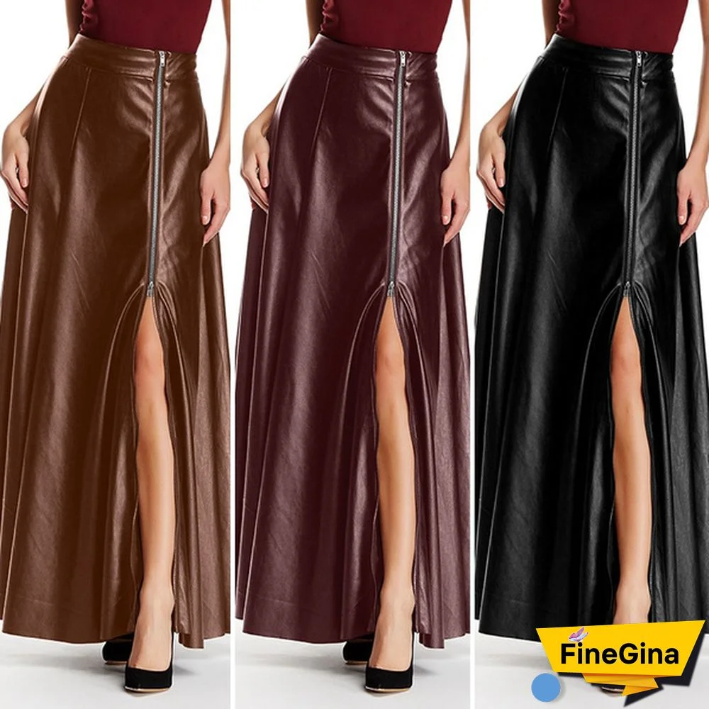 Autumn Winter Women Pu Leather Long Skirt High Waist Zipper Split Hem Casual Party Umbrella Skirt Plus Size