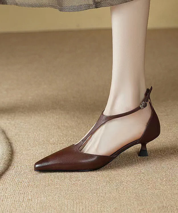 Original Design Chocolate High Heel Cowhide Leather Pointed Toe Hollow Out Sandals