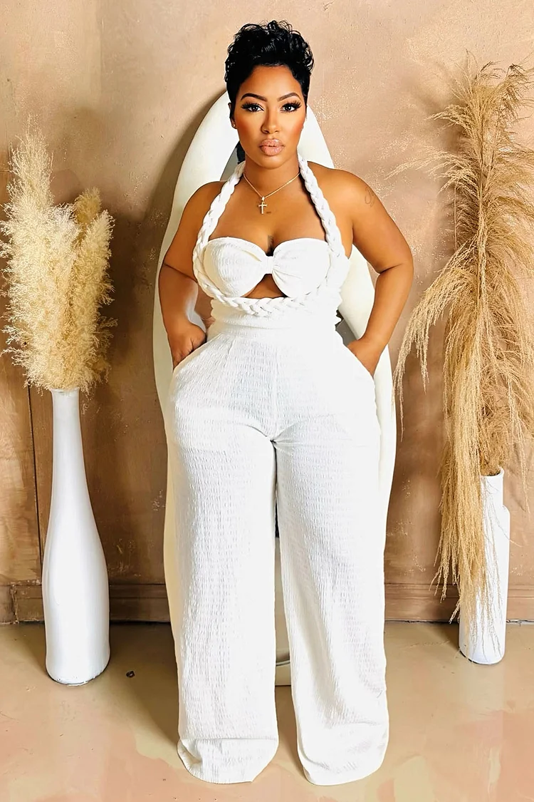 Braid Halter Backless Bow Cutout Cinched Wide Leg Jumpsuit-Green