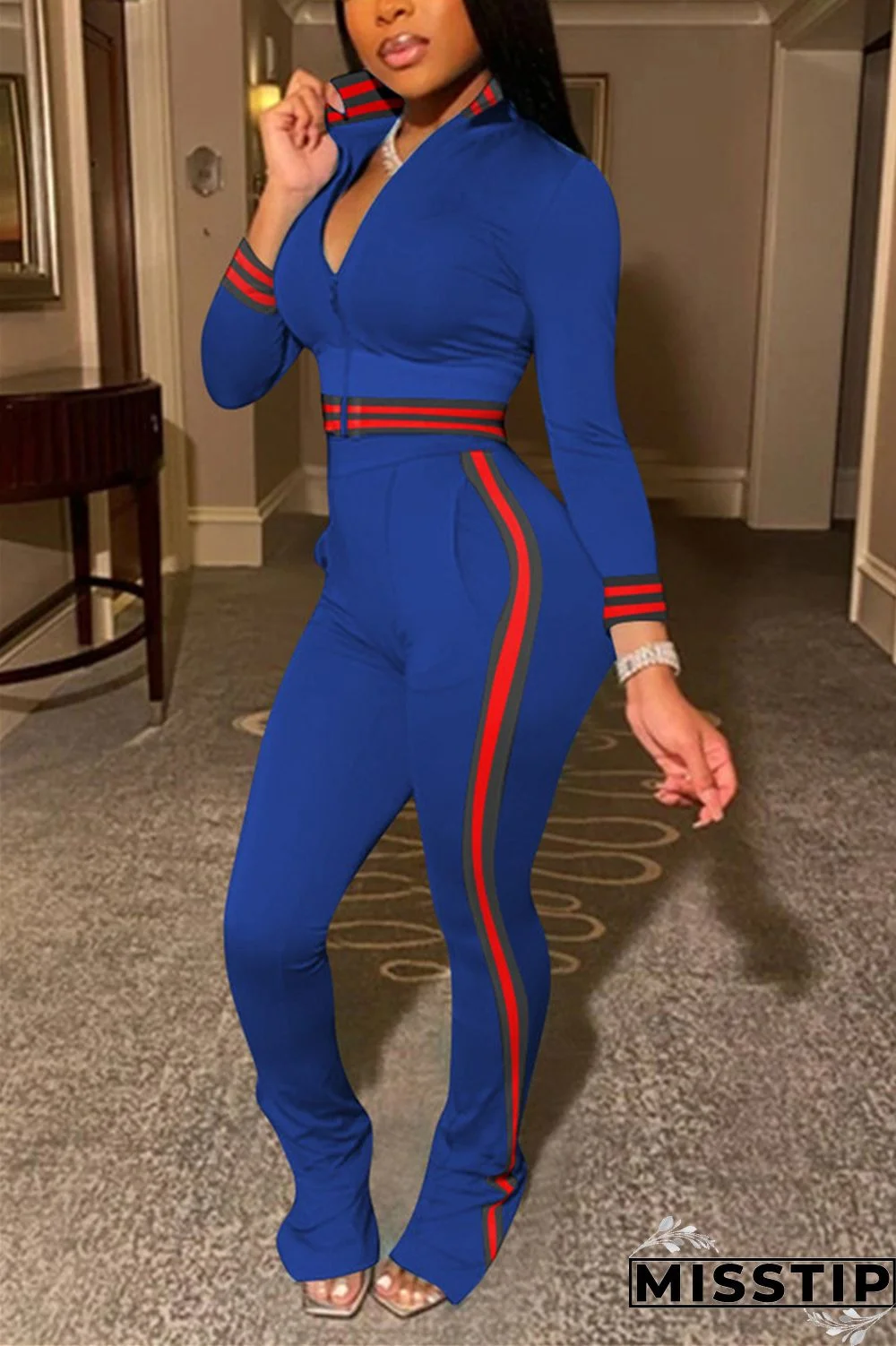 Royal Blue Fashion Casual Long Sleeve Turndown Collar Regular Sleeve Short Patchwork Two Pieces