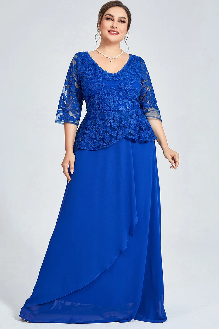 Flycurvy Plus Size Formal Blue Lace Chiffon Fitted Waist Irregular Hem Maxi Dress  Flycurvy [product_label]