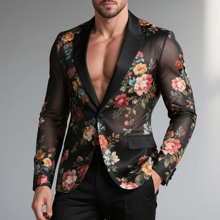 Okaywear Floral Pattern Peak Lapel Two Button See-Through Blazer Okaywear