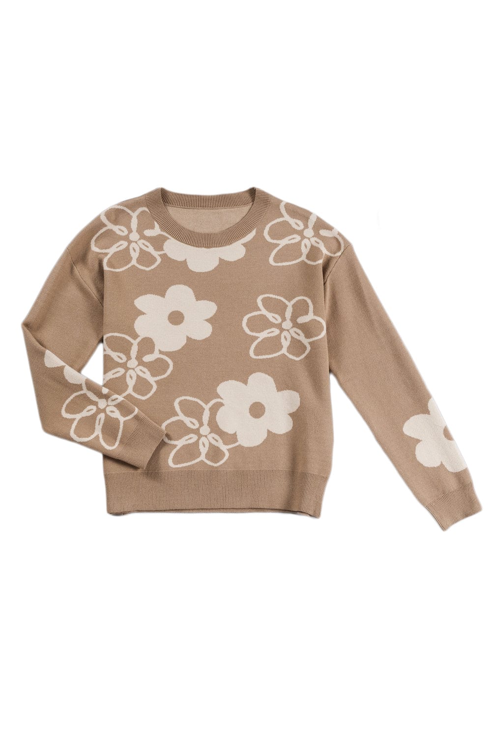 Cozy Camel Floral Knit Sweater with Drop Shoulder Detail