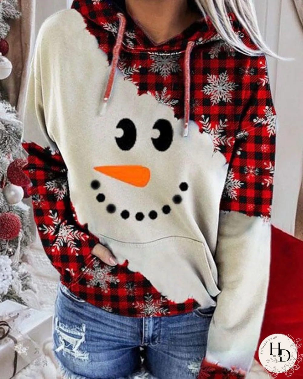 Christmas Color Block Snowman Face Print Hoodie