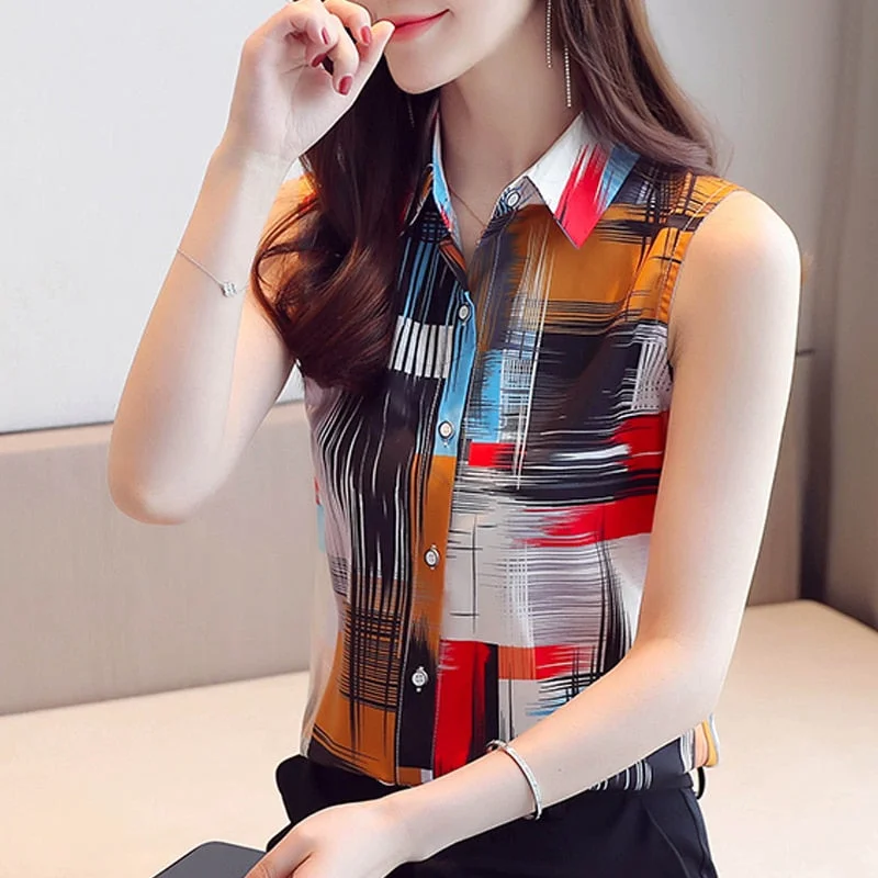 Casual Plus Size Cardigan Women's Shirt Spring New Summer Sleeveless Chiffon Shirt for Women Printed Ladies Tops Clothes 9456 50