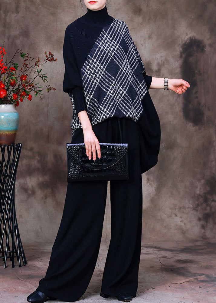 VCSHOES Black Turtleneck Striped Plaid Patchwork Knit Sweaters And Wide Leg Pants Two Piece Set Fall