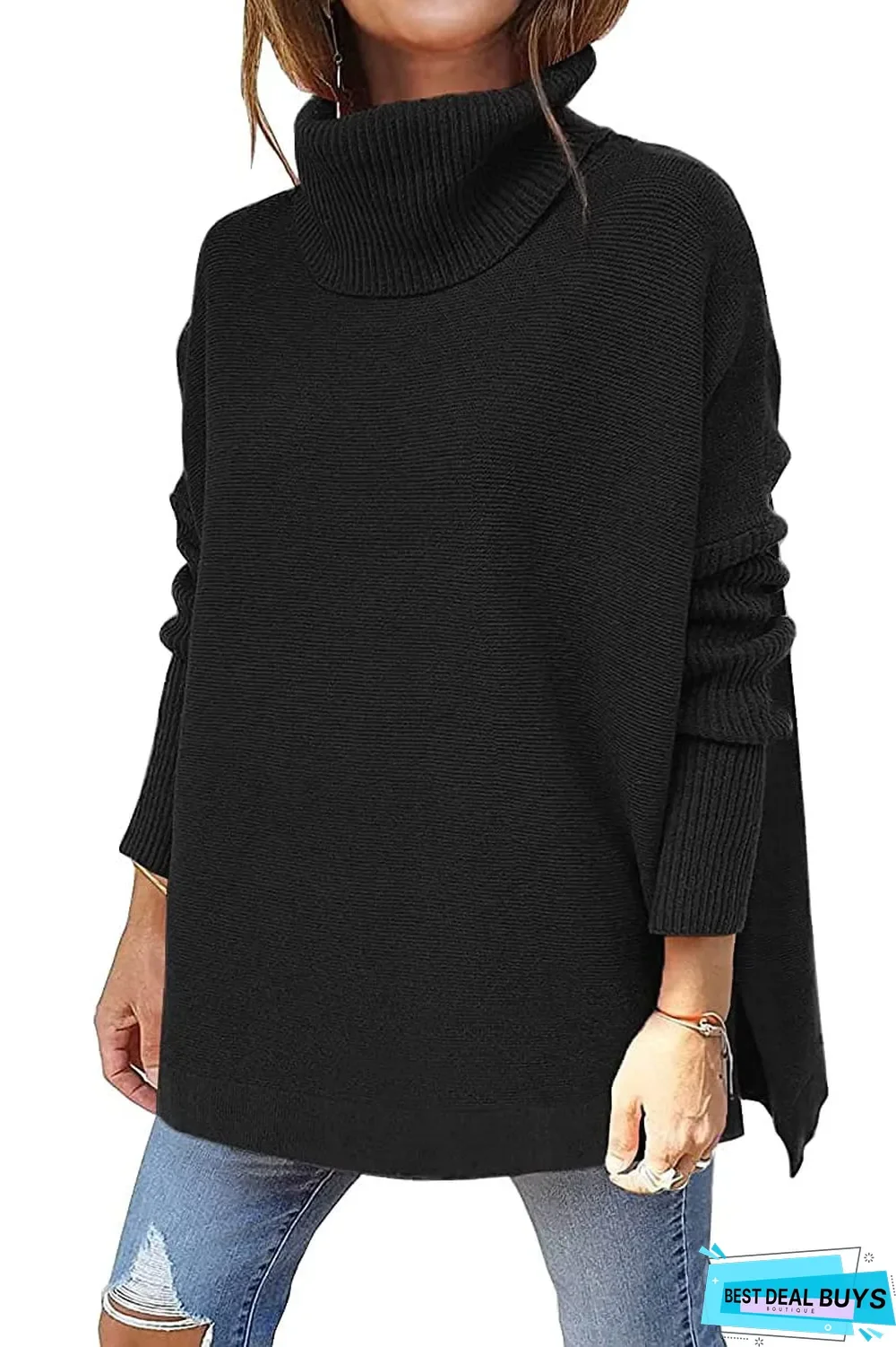 High Neck Bat Wing Sleeve Split Hem Waistband Pullover Sweater