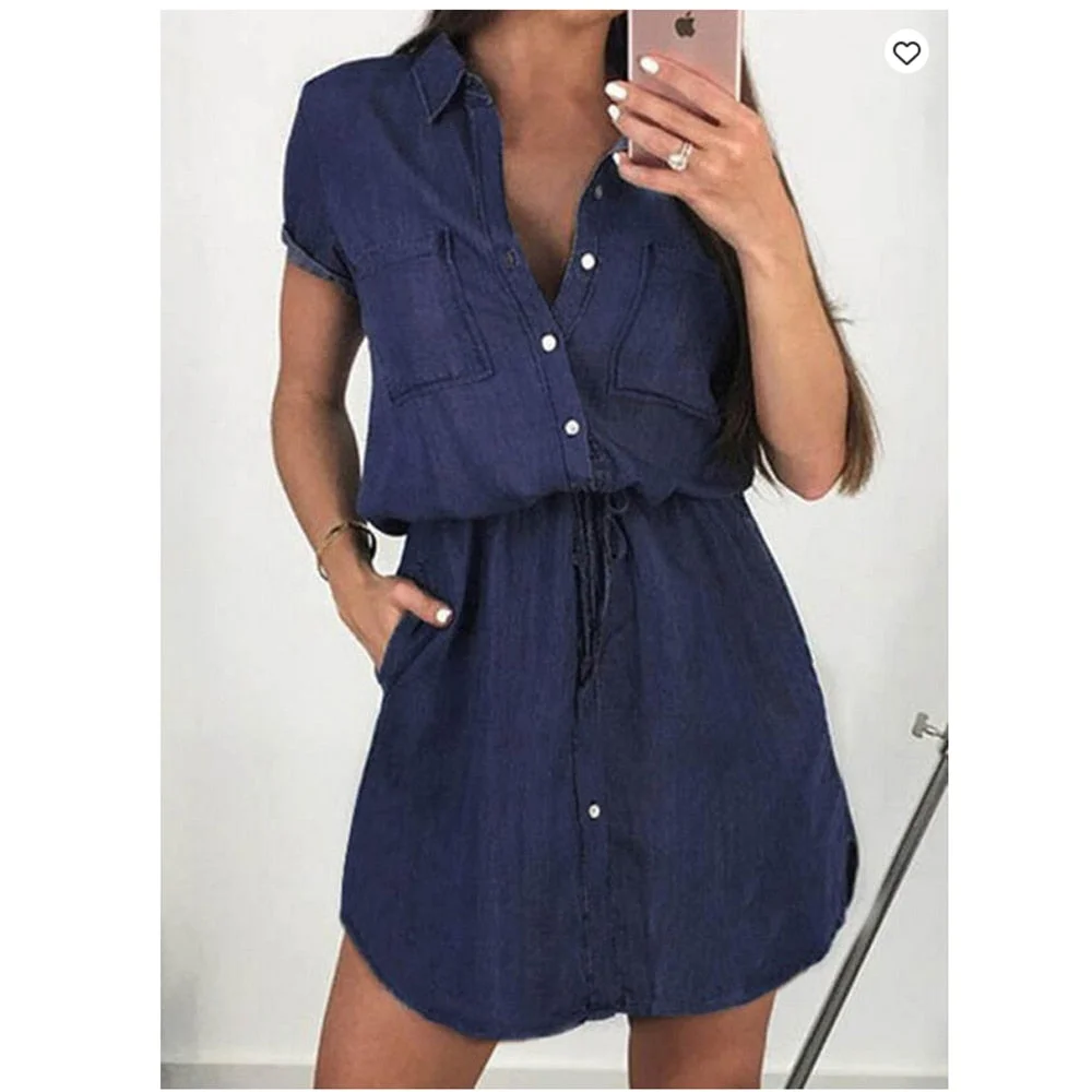 Back to School Lace Up Women Denim Shirt Dress Casual Loose Retro Solid Color High Waist Washed Short Sleeve Cardigan Knee Length Dress 109