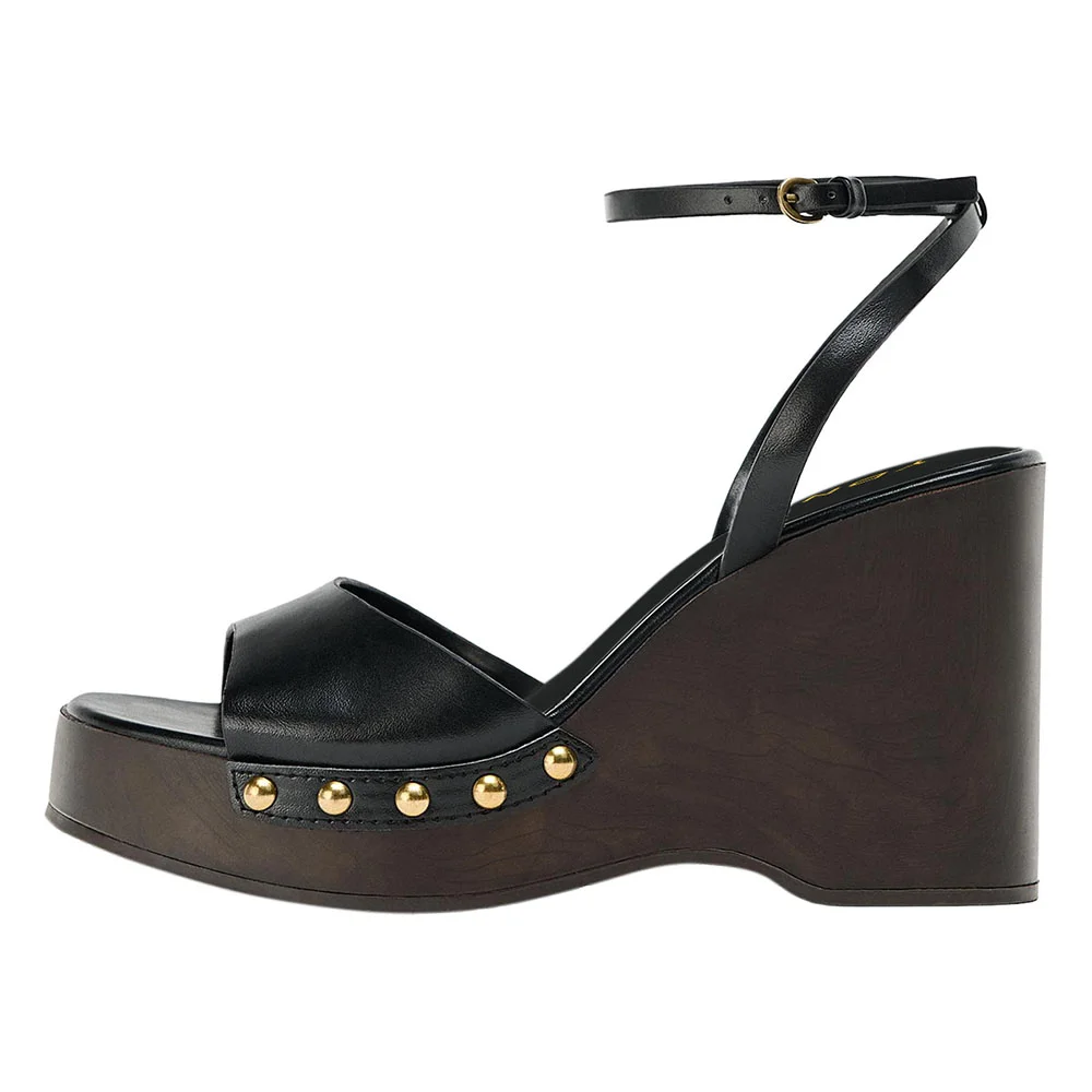 Black Ankle Strap Open Toe Platform Studded Wedge Sandals for Women