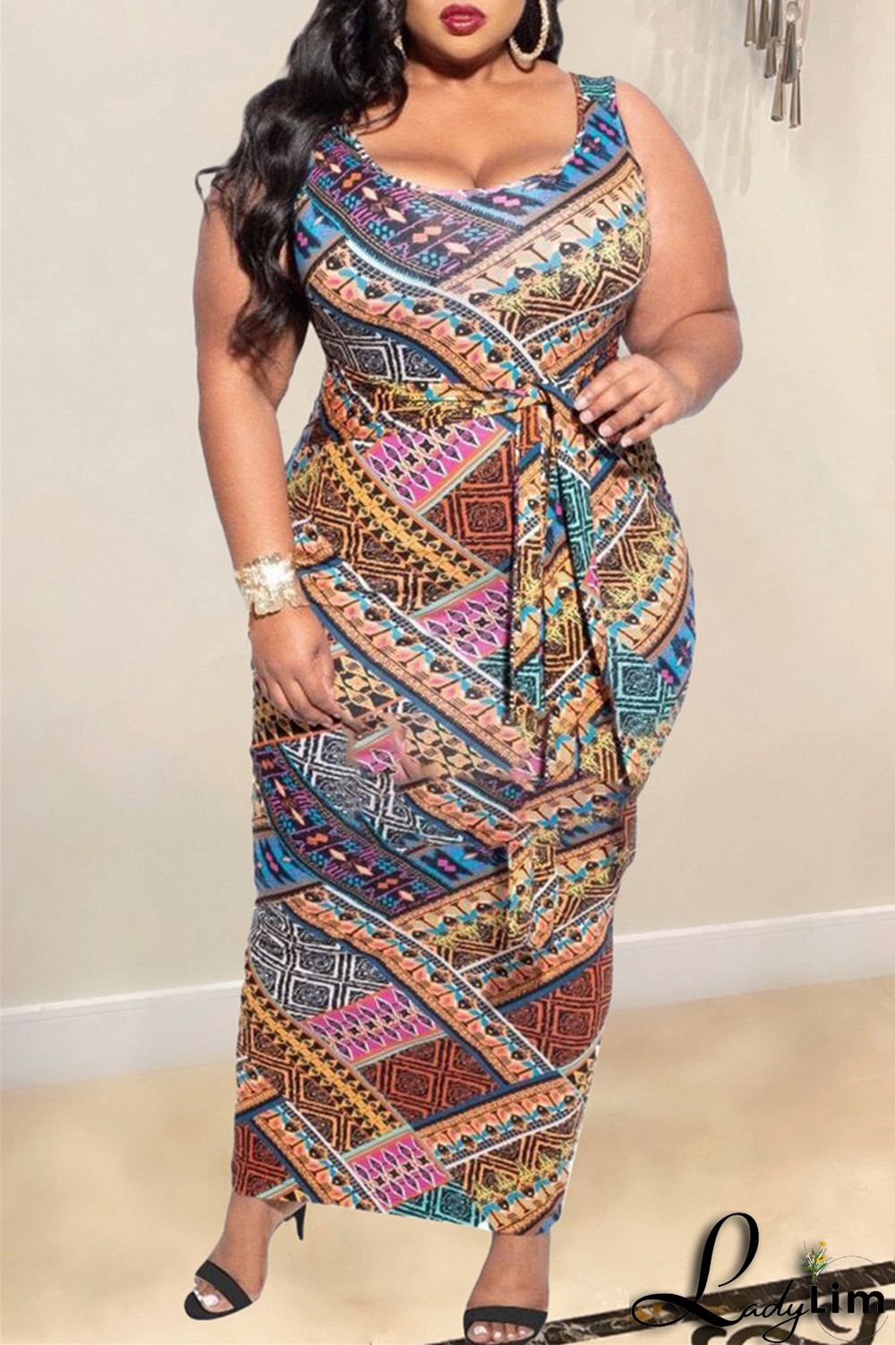 Multicolor Fashion Casual Plus Size Print Patchwork U Neck Vest Dress