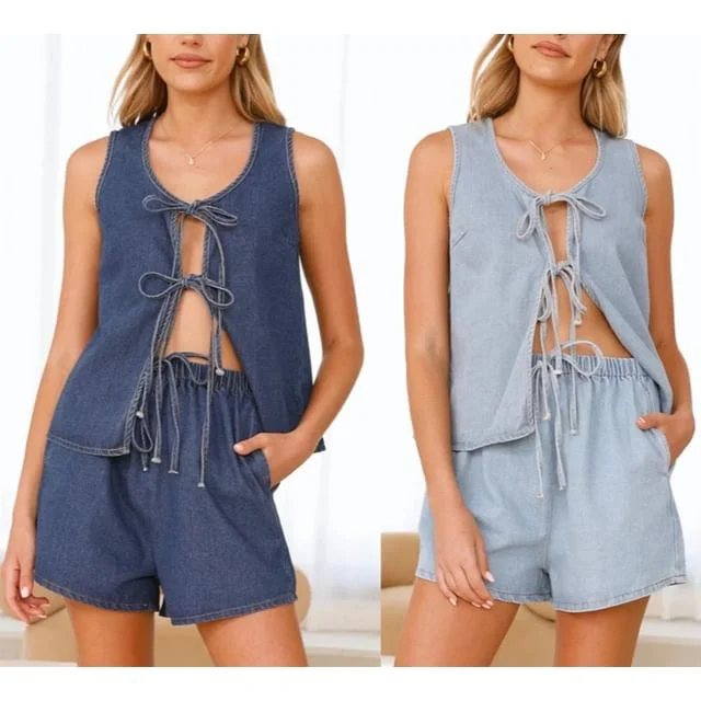 Denim Wide-Leg Top Waist Tie-Front + Tank Mini V-Neck Set: High
