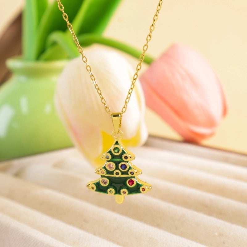 Titanium Steel Copper Cable Chain Enamel Inlay Christmas Hat Santa Claus Christmas Socks Pearl Zircon Pendant Necklace