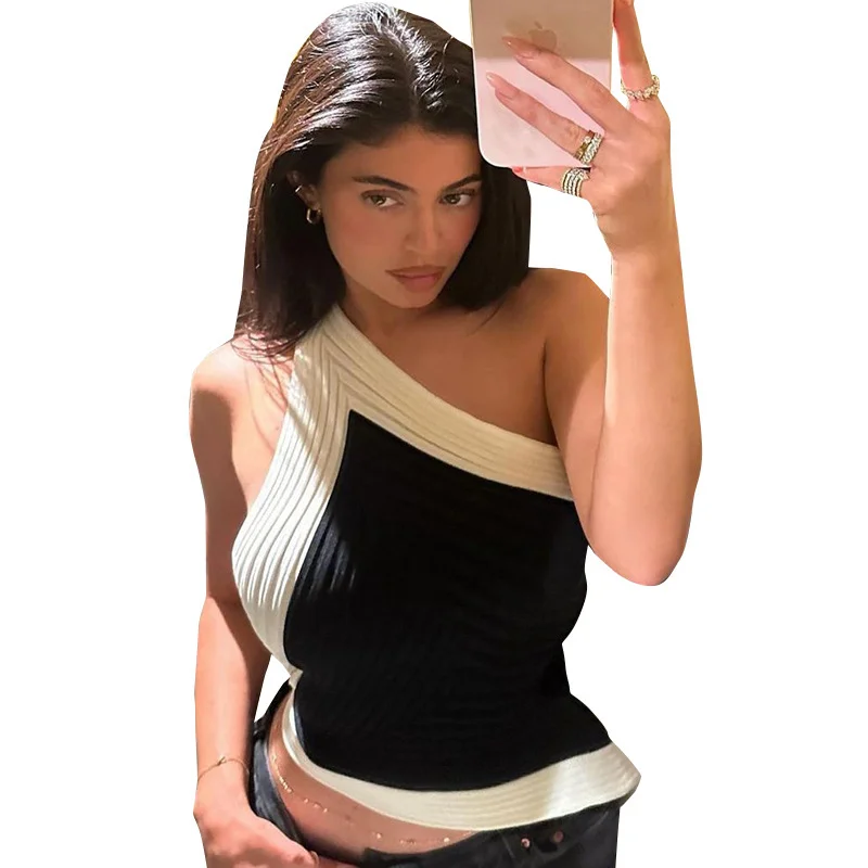 Uveng Uveng Summer New Design Feeling Black And White Crash Color Sexy Hanging Neck Strap Slant Shoulder Vest Top