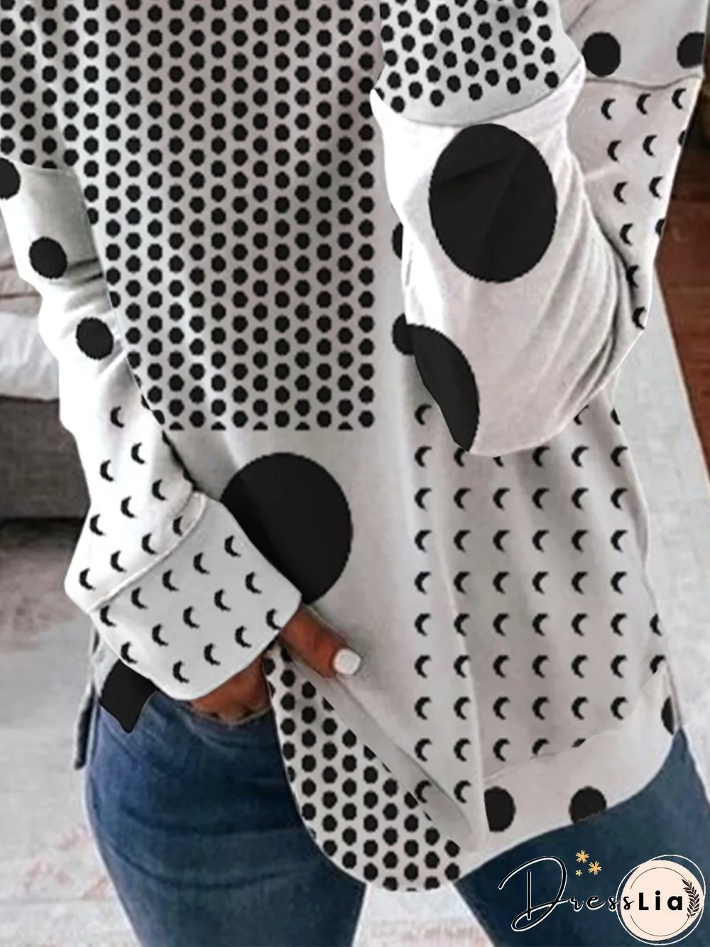 Polka Dots Long Sleeve Crew Neck Plus Size Casual Sweatshirts