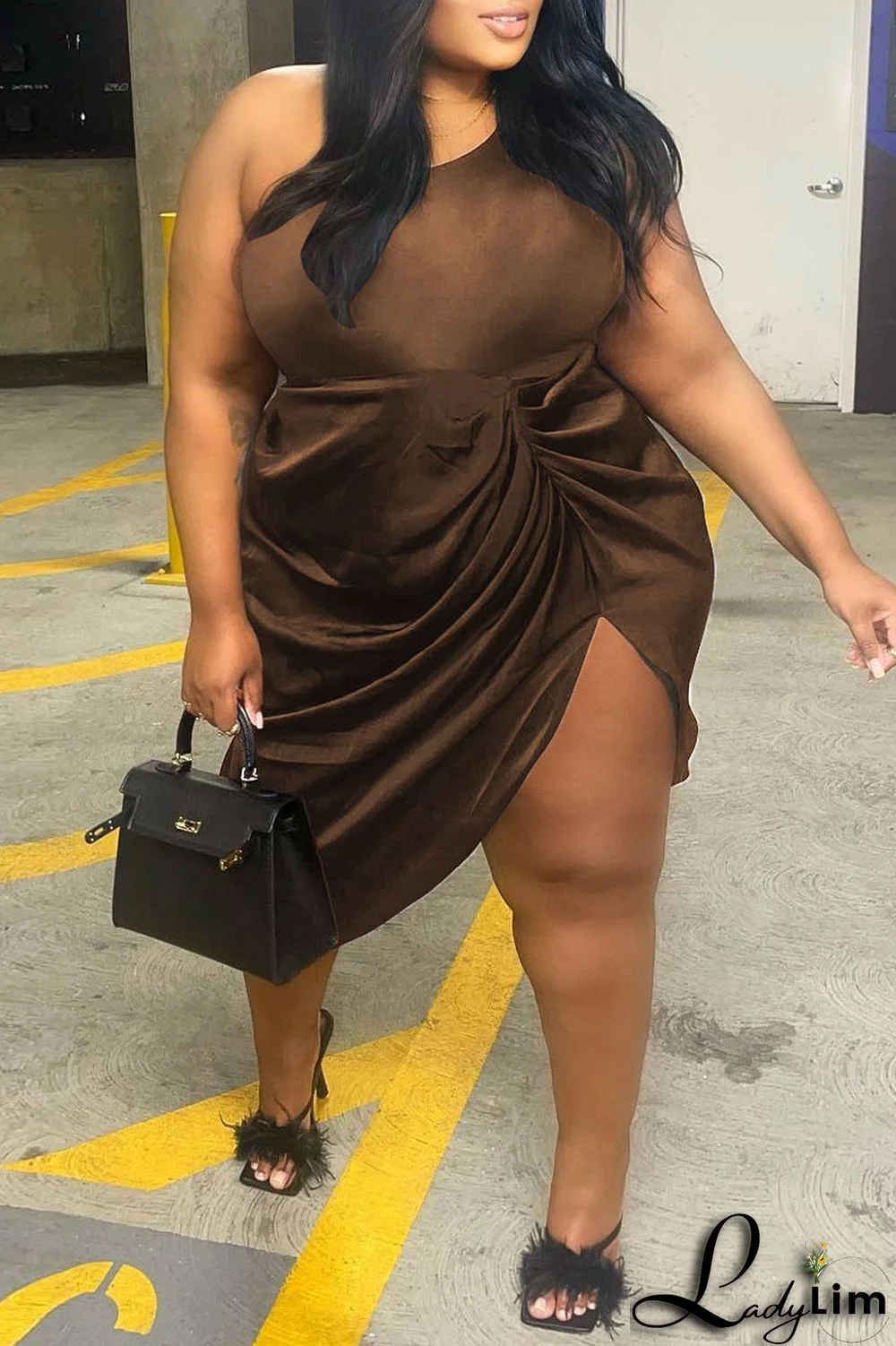 Blue Sexy Solid Patchwork Fold Asymmetrical Oblique Collar Irregular Dress Plus Size Dresses