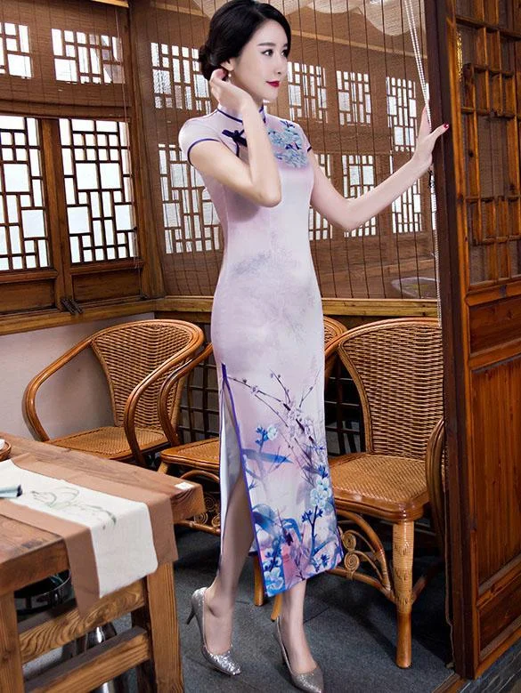 Vintage Purple Print Stand Collar Long Cheongsam Dress