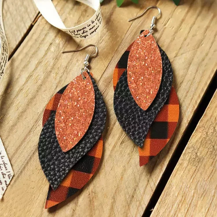 Glitter Plaid Multi-Layered Leather Earrings
