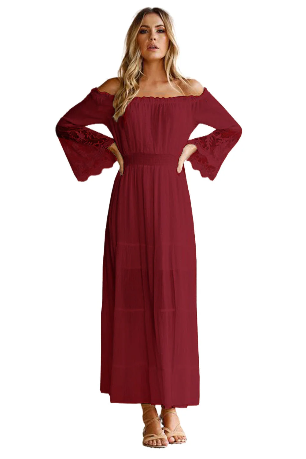 Women Wine Off Shoulder Embroidered Flared Sleeve Lace Maxi Dress
