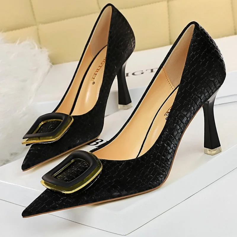 BIGTREE Shoes Designer New Women Pumps Square Buckle Stone Pattern Kitten Heels Shoes Sexy High Heels Ladies Shoes Large Size 43