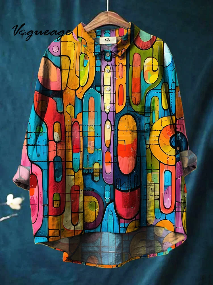 Bright Art Line Color Block Stitching Printed Cotton And Linen Shirt